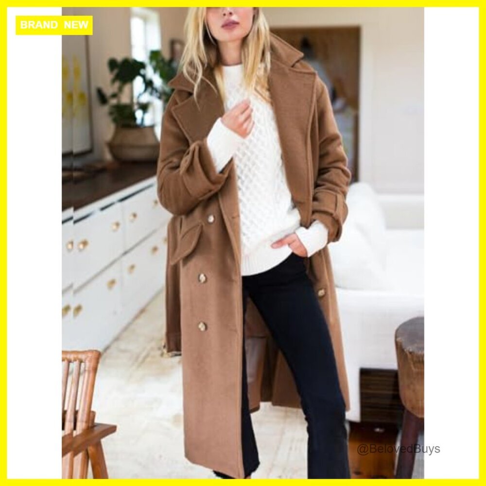 Long Wool Pea Coat Double Breasted Trench Belted Overcoat Below Knee - Picture 2 of 5